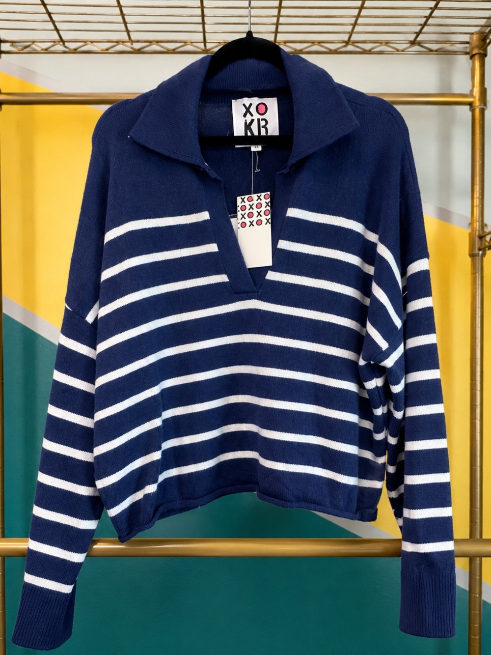 XOXO Navy and White Striped V-Neck Pullover Sweater